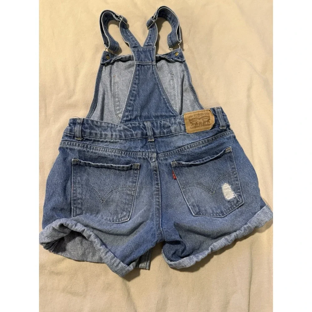 Levis Girls Denim Shortalls Bib Overall Shorts Country Distressed Size 7 12